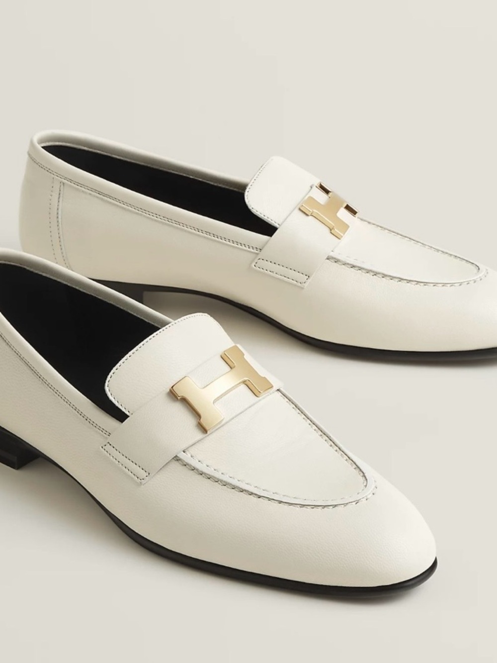 Hermes beige glaise Paris Leather Loafers Gold H Buckle